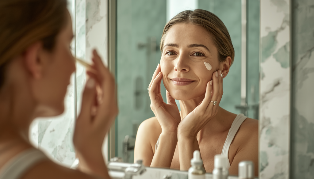 Mulher sorrindo no espelho aplicando creme facial, ilustrando como cuidar da pele depois dos 50 anos.