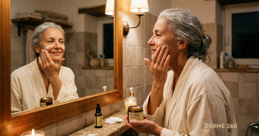 Mulher aplicando retinol para pele madura