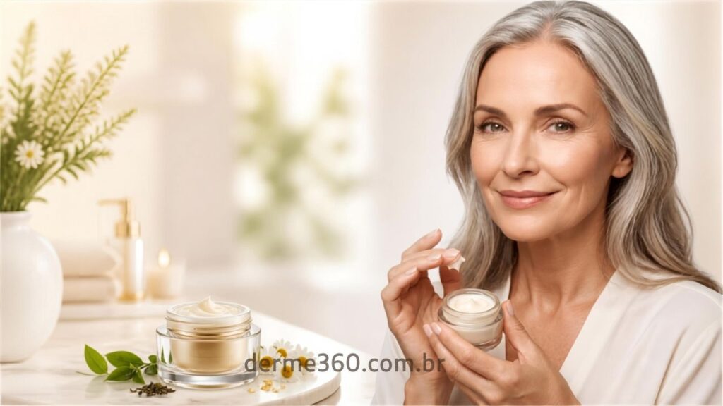 Mulher madura aplicando creme para área dos olhos após os 50