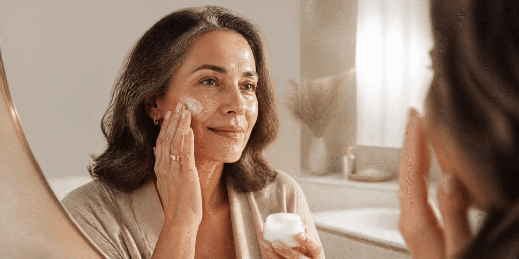 Pele seca depois dos 50: mulher madura cuidando da pele
