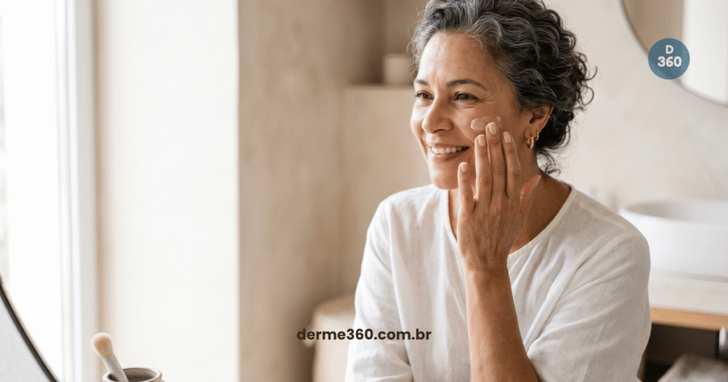 Mulher madura aplicando hidratante facial para pele seca